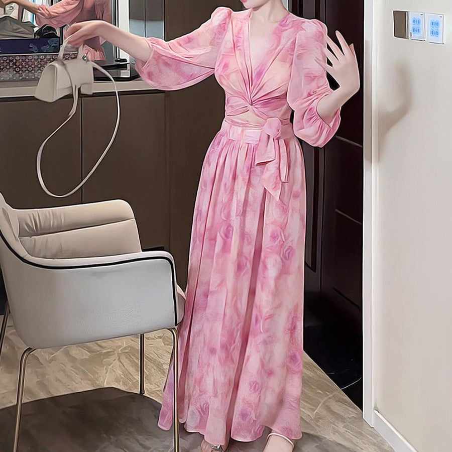 High-Waisted Skirt Two-Piece Set Women - Long Sleeve Top & Long Skirt Matching Coord