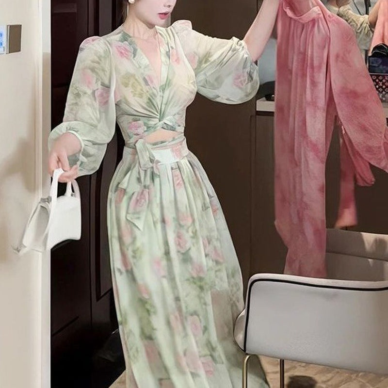 High-Waisted Skirt Two-Piece Set Women - Long Sleeve Top & Long Skirt Matching Coord