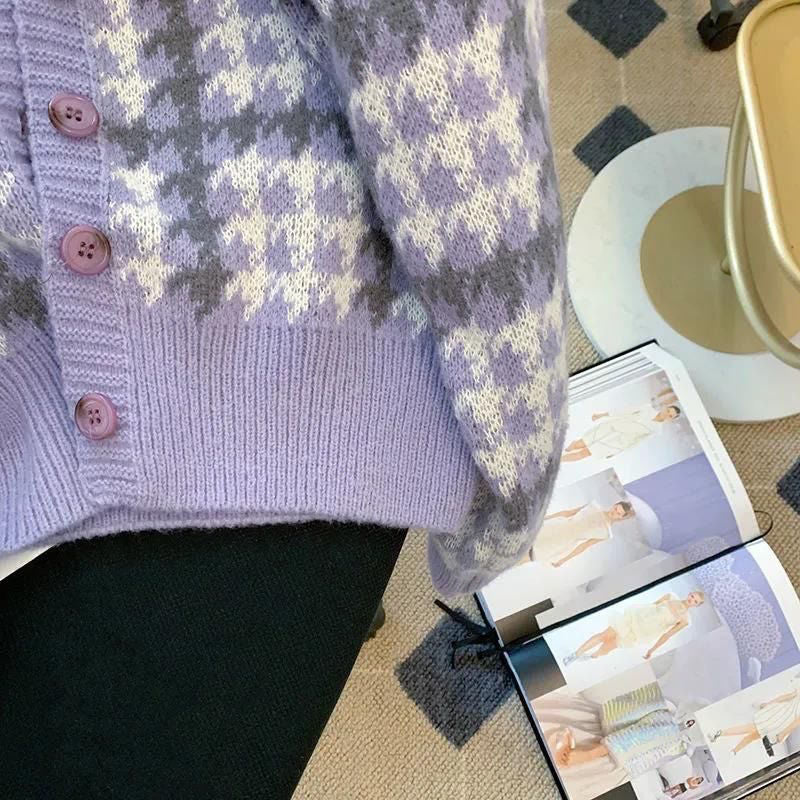 Japanese Style Lazy Loose Cardigan Women - Short Thickened Puff Sleeve Sweater Coat Purple Pink