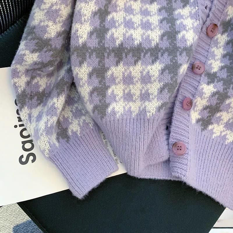 Japanese Style Lazy Loose Cardigan Women - Short Thickened Puff Sleeve Sweater Coat Purple Pink