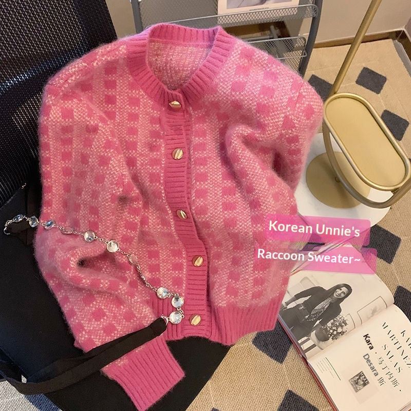 Japanese Style Lazy Loose Cardigan Women - Short Thickened Puff Sleeve Sweater Coat Purple Pink
