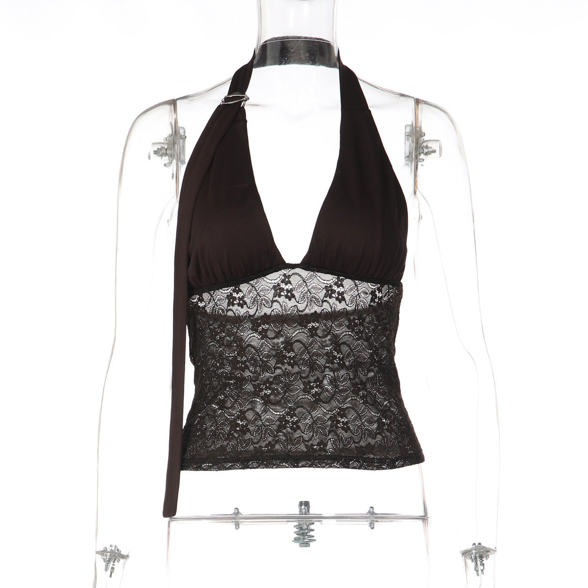 Lace Spliced Deep V-Neck Halter Top Women - Milk Silk A-Line Crop Top