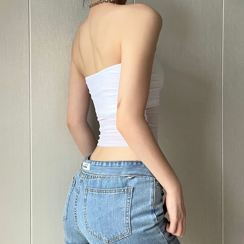 Mesh Midriff-Baring Tube Top Women - Slim Fit Sexy Crop Top Solid Color Black White