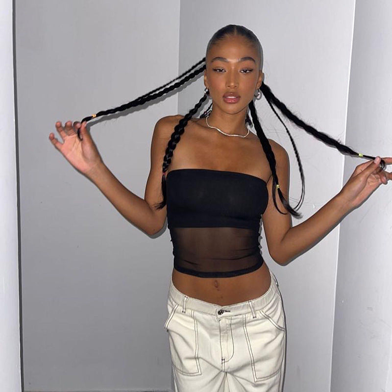 Mesh Midriff-Baring Tube Top Women - Slim Fit Sexy Crop Top Solid Color Black White