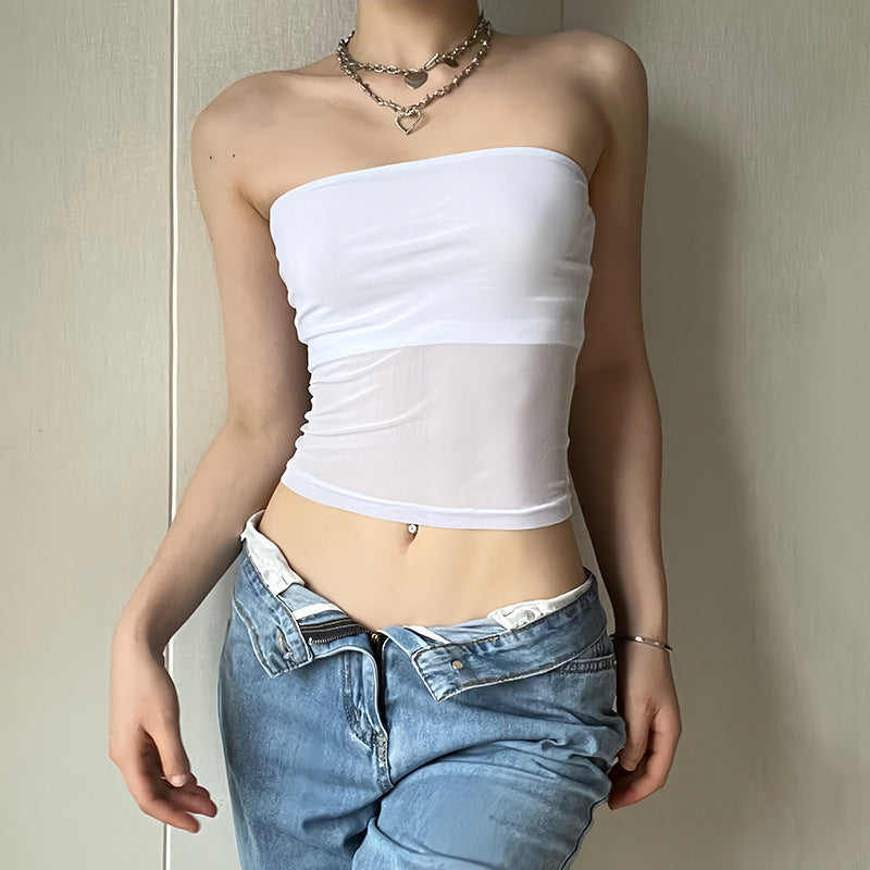 Mesh Midriff-Baring Tube Top Women - Slim Fit Sexy Crop Top Solid Color Black White
