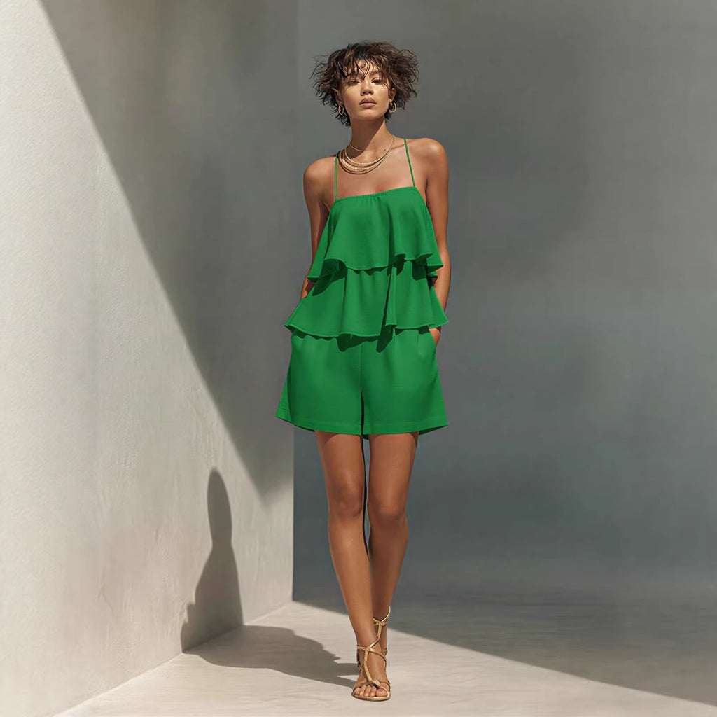 Multi-Layer Ruffle Loose Camisole and Shorts Set Women - Casual Sleeveless Loungewear Co-ord