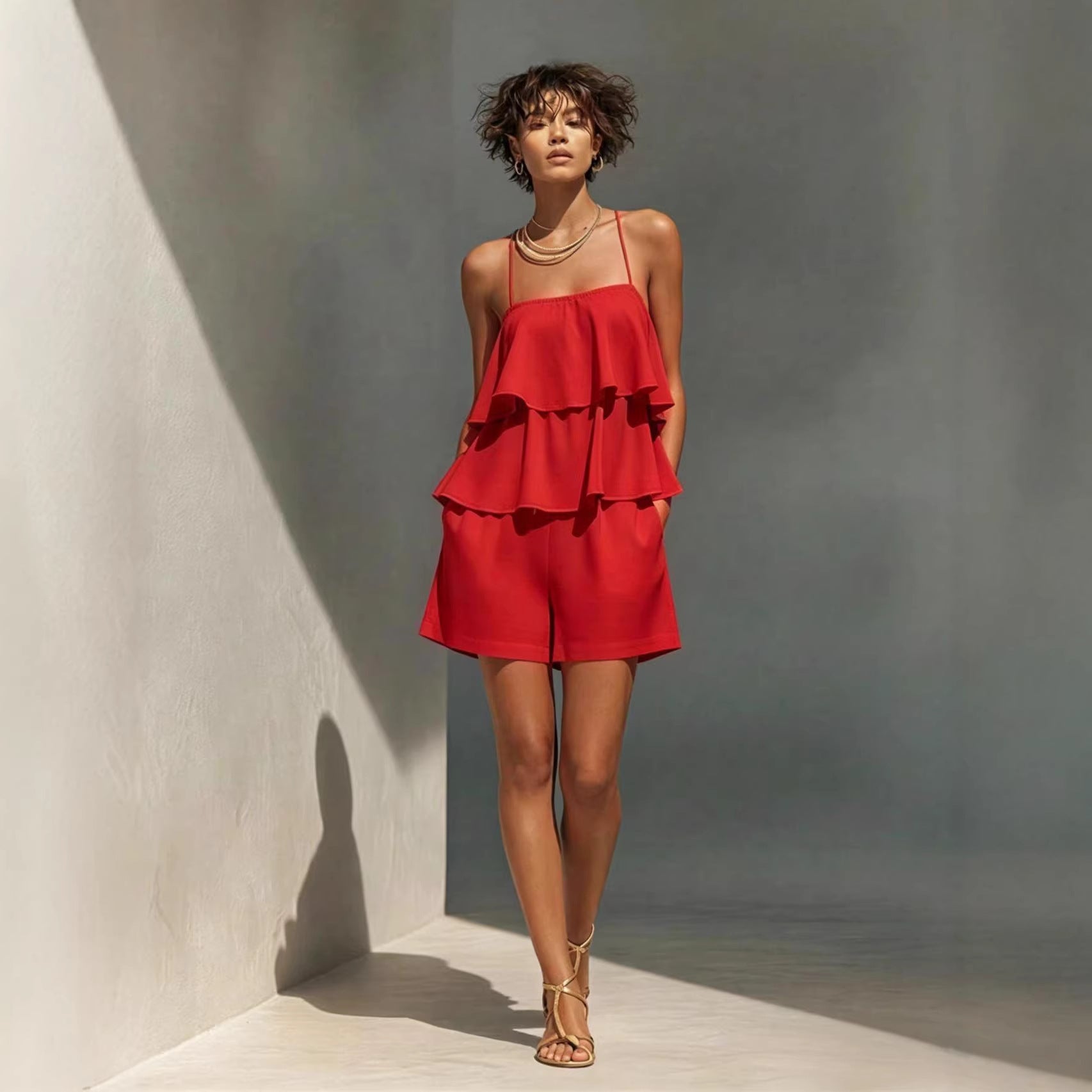 Multi-Layer Ruffle Loose Camisole and Shorts Set Women - Casual Sleeveless Loungewear Co-ord