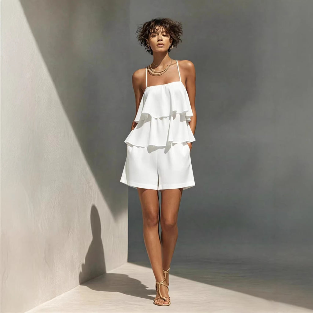 Multi-Layer Ruffle Loose Camisole and Shorts Set Women - Casual Sleeveless Loungewear Co-ord
