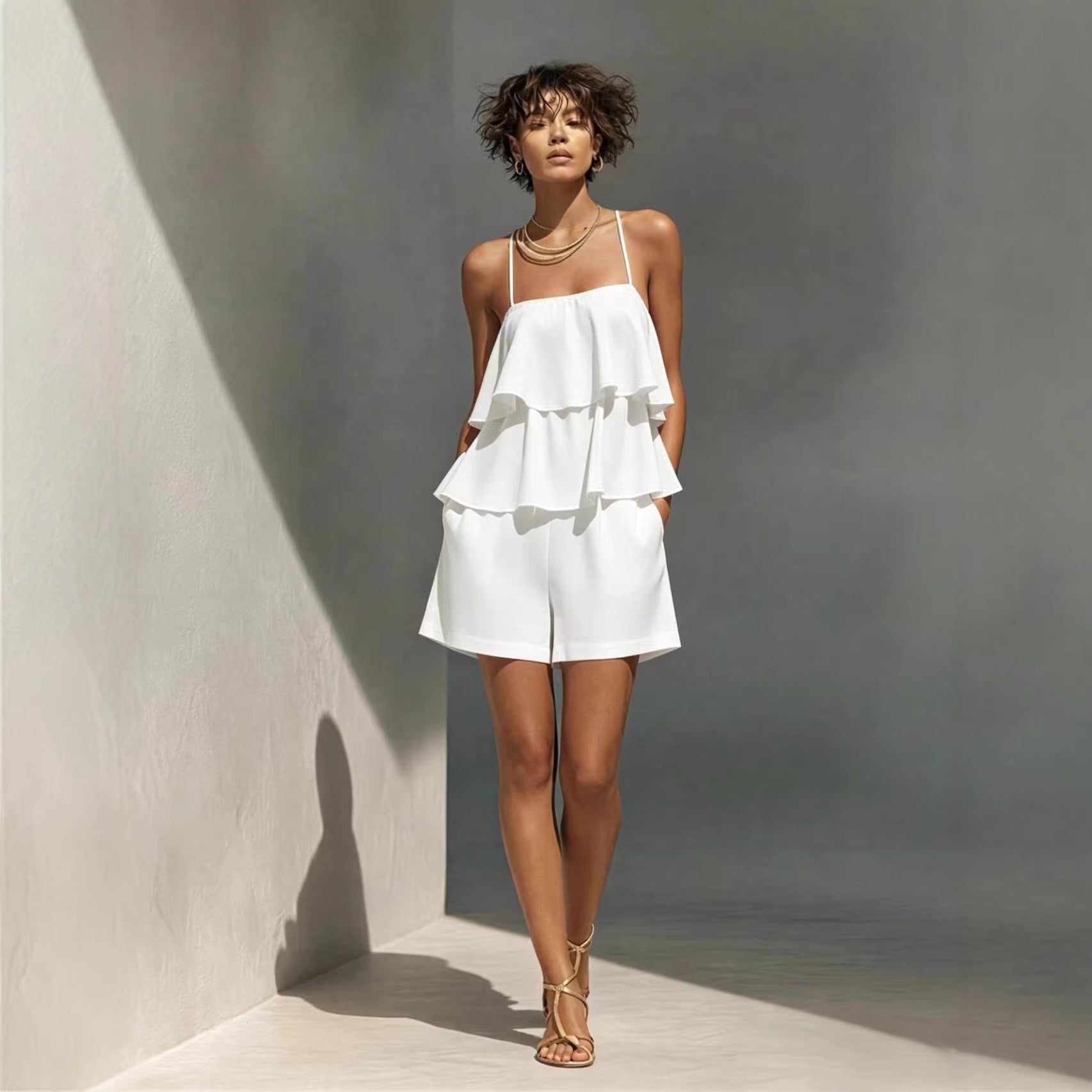 Multi-Layer Ruffle Loose Camisole and Shorts Set Women - Casual Sleeveless Loungewear Co-ord