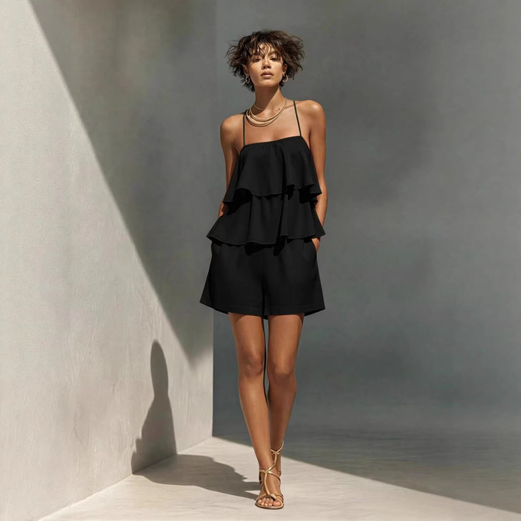 Multi-Layer Ruffle Loose Camisole and Shorts Set Women - Casual Sleeveless Loungewear Co-ord