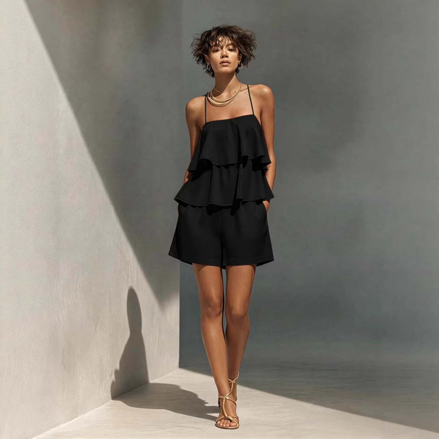Multi-Layer Ruffle Loose Camisole and Shorts Set Women - Casual Sleeveless Loungewear Co-ord