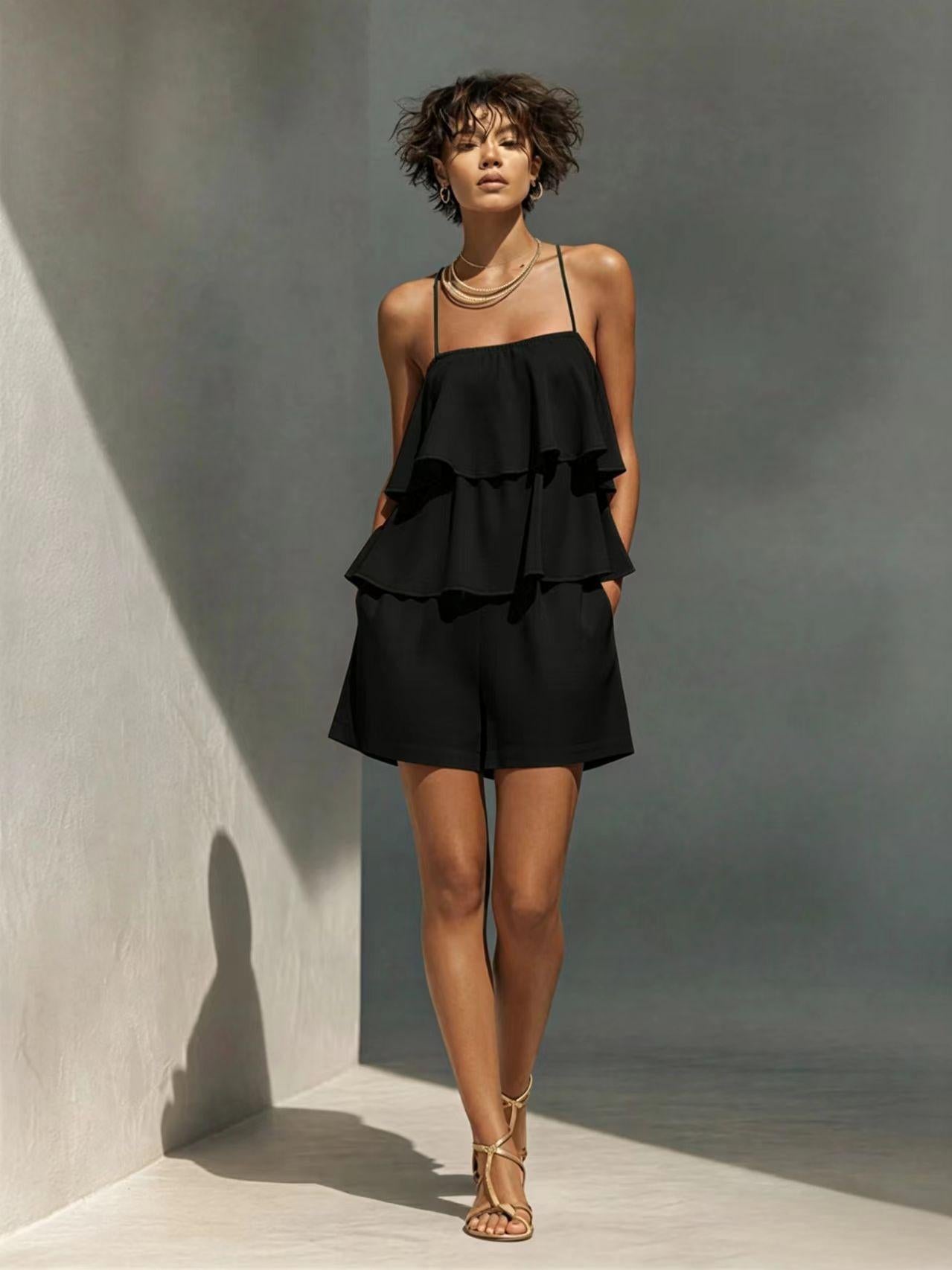 Multi-Layer Ruffle Loose Camisole and Shorts Set Women - Casual Sleeveless Loungewear Co-ord