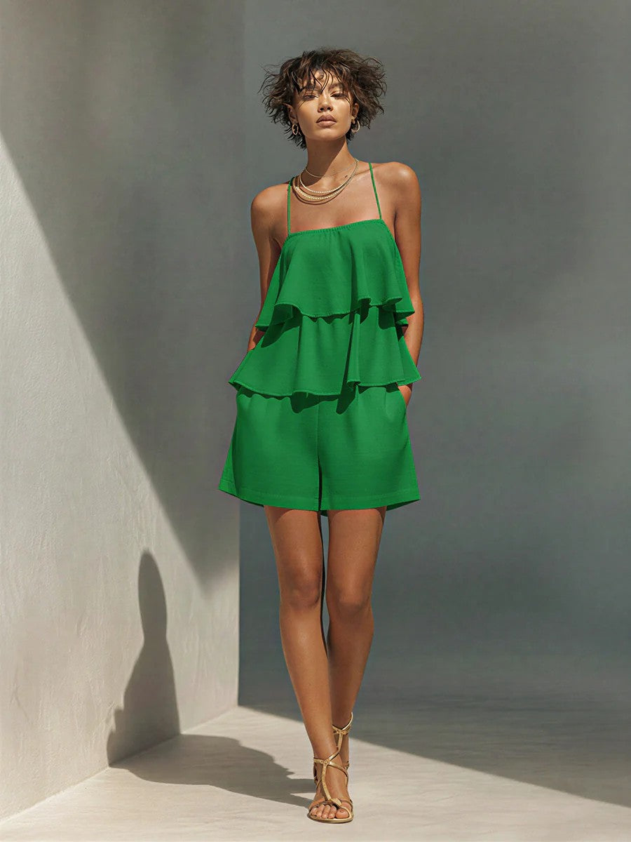 Multi-Layer Ruffle Loose Camisole and Shorts Set Women - Casual Sleeveless Loungewear Co-ord