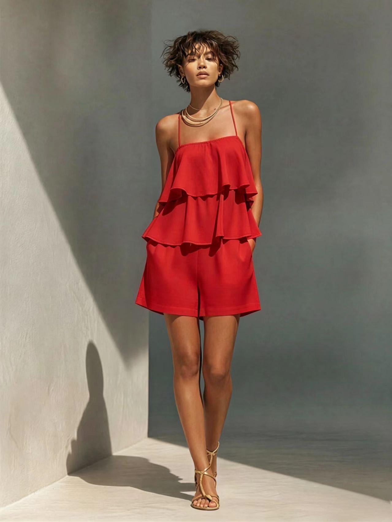 Multi-Layer Ruffle Loose Camisole and Shorts Set Women - Casual Sleeveless Loungewear Co-ord