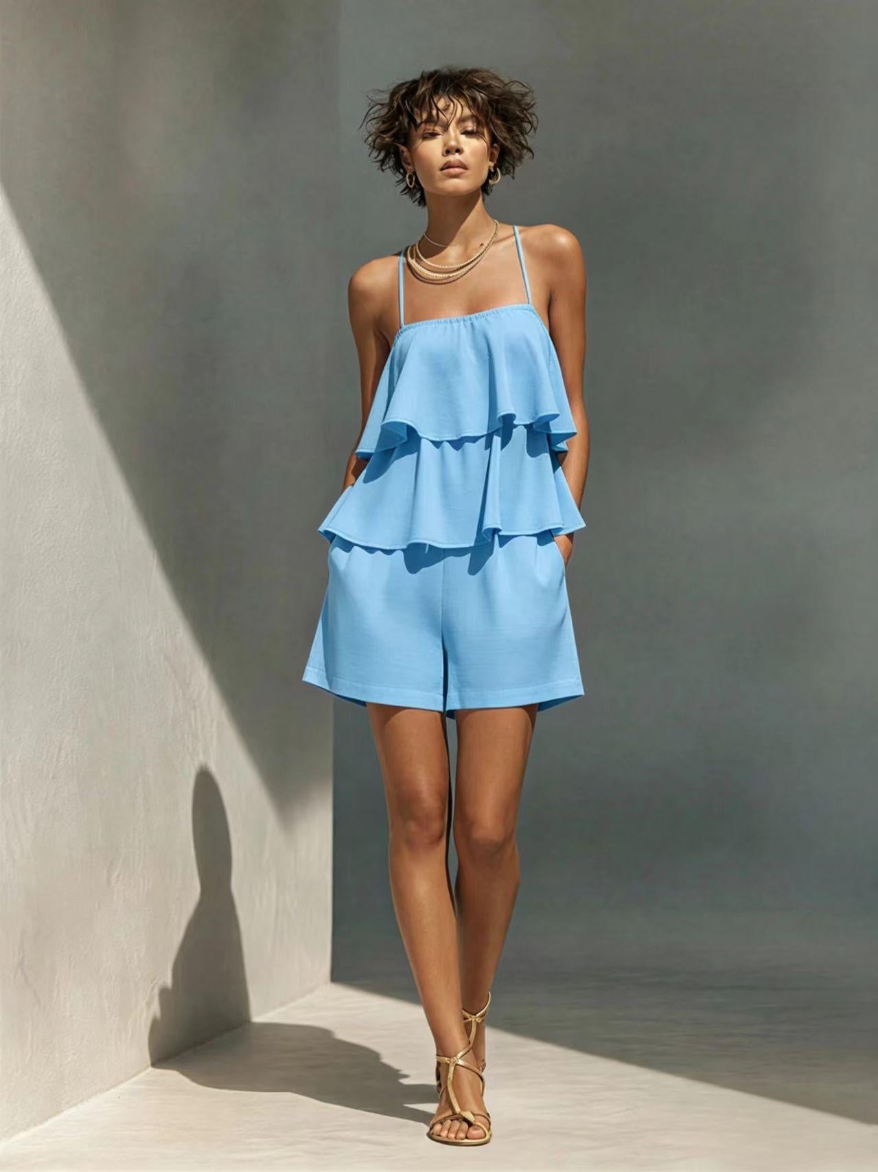 Multi-Layer Ruffle Loose Camisole and Shorts Set Women - Casual Sleeveless Loungewear Co-ord