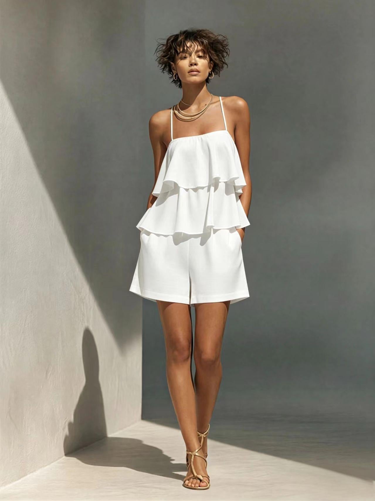 Multi-Layer Ruffle Loose Camisole and Shorts Set Women - Casual Sleeveless Loungewear Co-ord