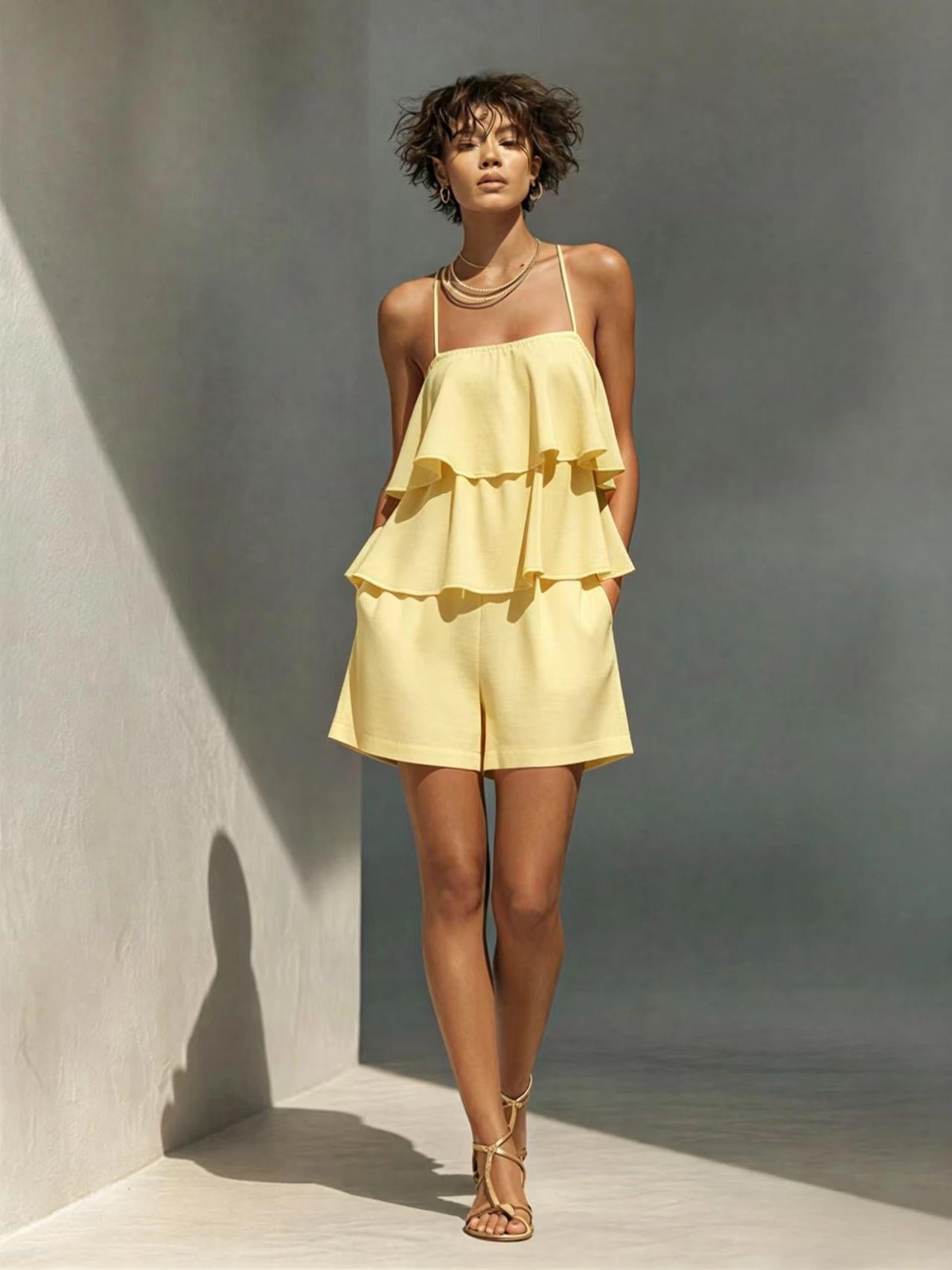 Multi-Layer Ruffle Loose Camisole and Shorts Set Women - Casual Sleeveless Loungewear Co-ord