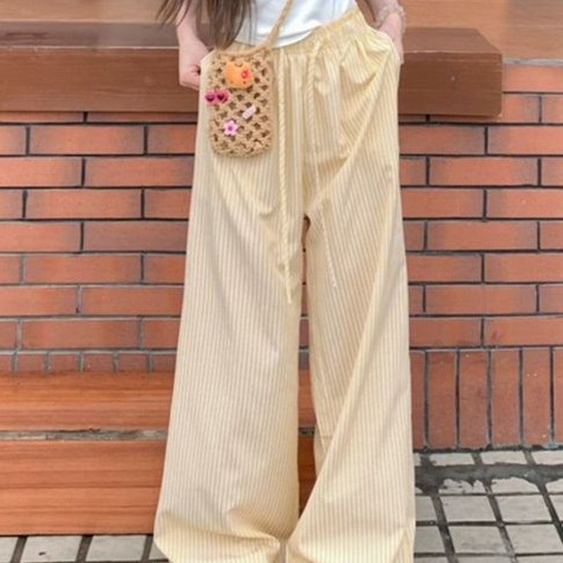 Niche Drawstring Elastic Waist Floor-Length Pants Women - Relaxed Fit Wide Leg Trousers