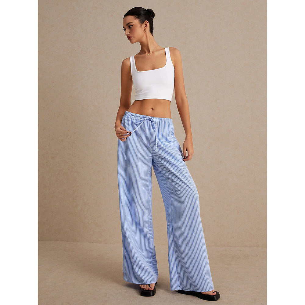 Niche Drawstring Elastic Waist Floor-Length Pants Women - Relaxed Fit Wide Leg Trousers