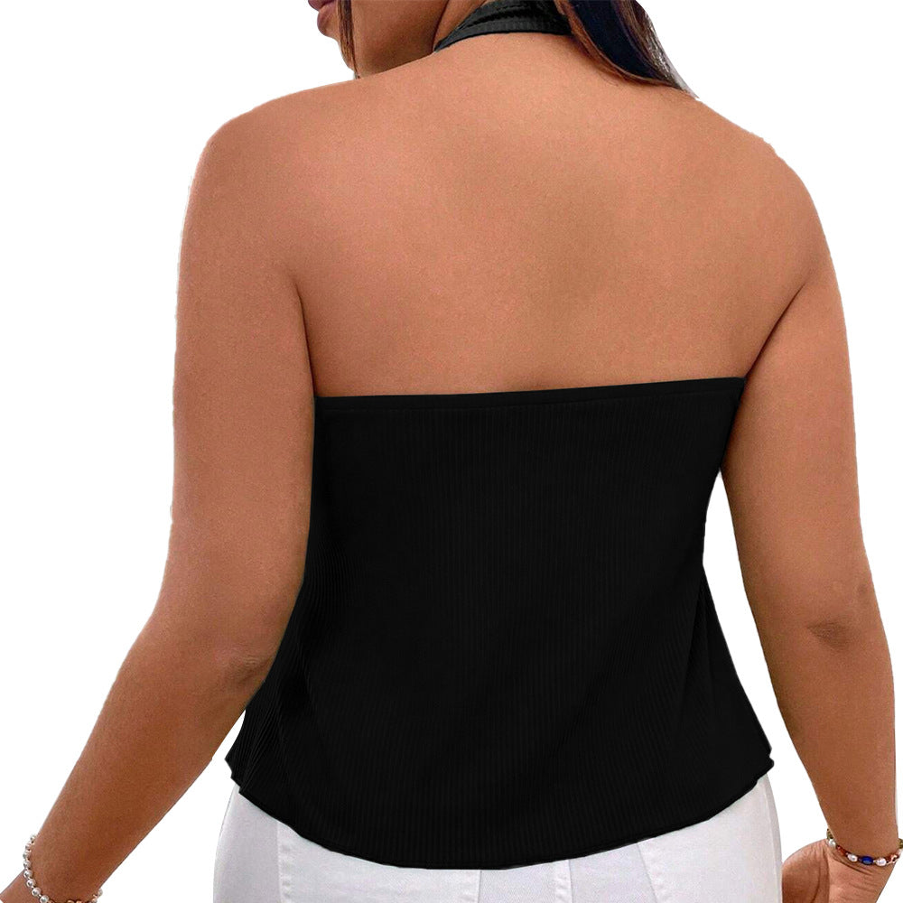 Plus Size Women's Sexy V-Neck Halter Tank Top - Slim Fit Black Crop Top (1XL/2XL/3XL)