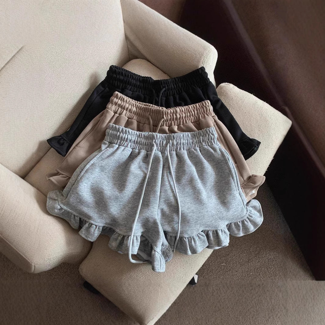 Ruffled Edge Designer Shorts Women - High Waist Sporty Casual Hot Pants Black Khaki Gray
