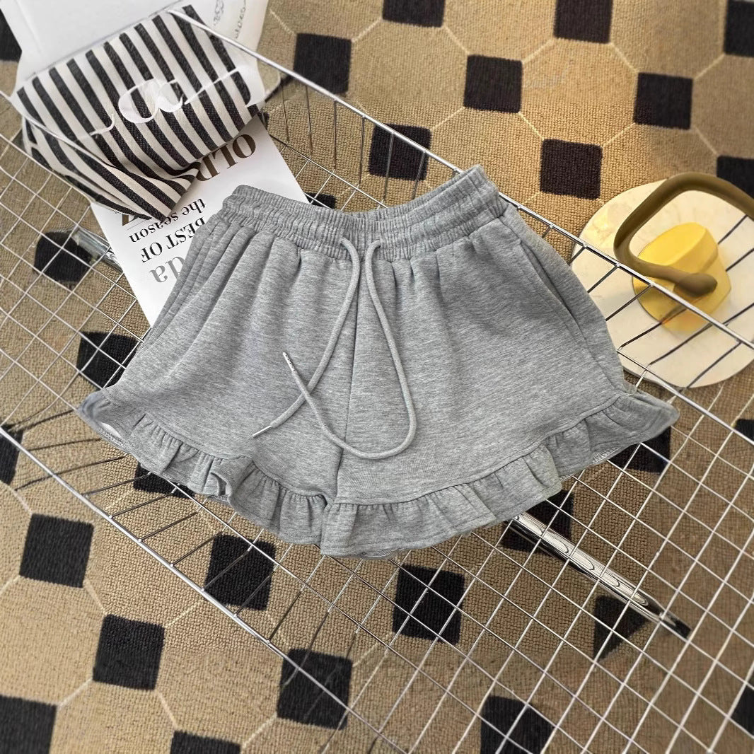 Ruffled Edge Designer Shorts Women - High Waist Sporty Casual Hot Pants Black Khaki Gray
