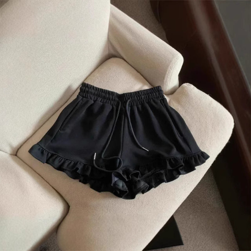 Ruffled Edge Designer Shorts Women - High Waist Sporty Casual Hot Pants Black Khaki Gray