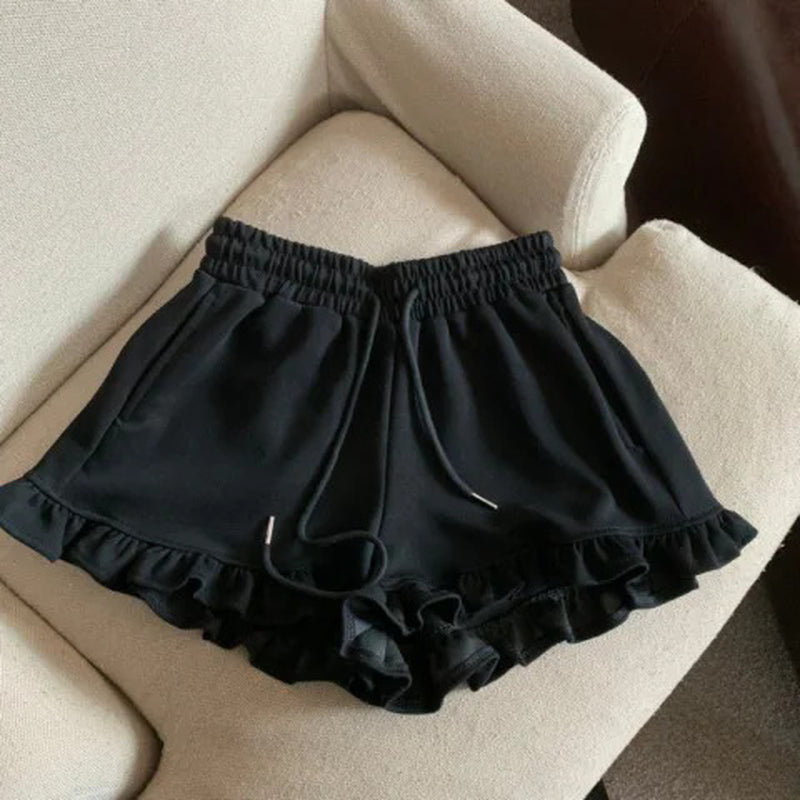 Ruffled Edge Designer Shorts Women - High Waist Sporty Casual Hot Pants Black Khaki Gray