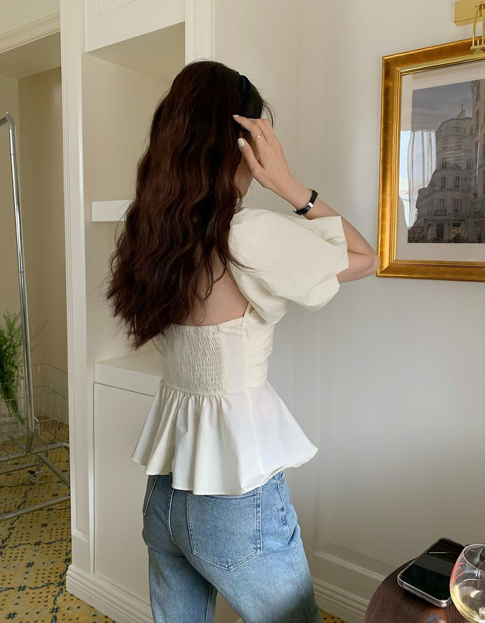 Sexy Off-Shoulder Puff Sleeve Tube Top Shirt Women - Korean Style Ruffle Trim Solid Color Blouse