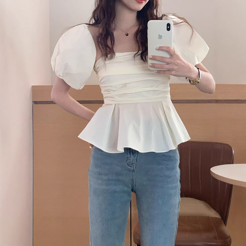 Sexy Off-Shoulder Puff Sleeve Tube Top Shirt Women - Korean Style Ruffle Trim Solid Color Blouse