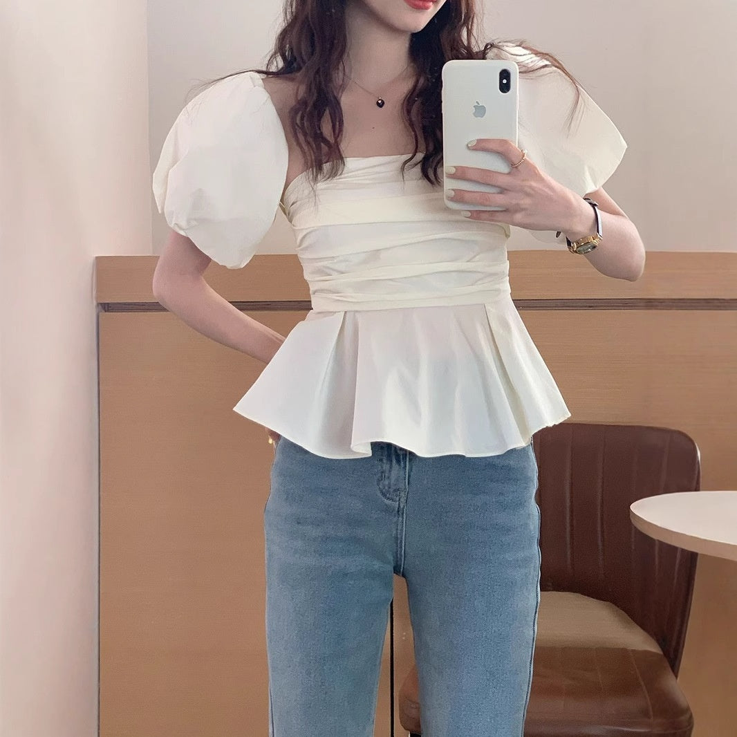 Sexy Off-Shoulder Puff Sleeve Tube Top Shirt Women - Korean Style Ruffle Trim Solid Color Blouse