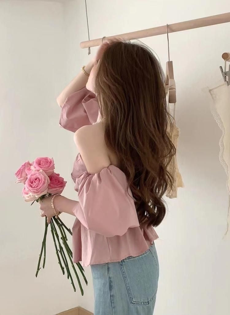 Sexy Off-Shoulder Puff Sleeve Tube Top Shirt Women - Korean Style Ruffle Trim Solid Color Blouse