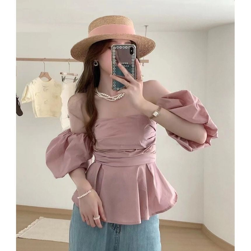 Sexy Off-Shoulder Puff Sleeve Tube Top Shirt Women - Korean Style Ruffle Trim Solid Color Blouse