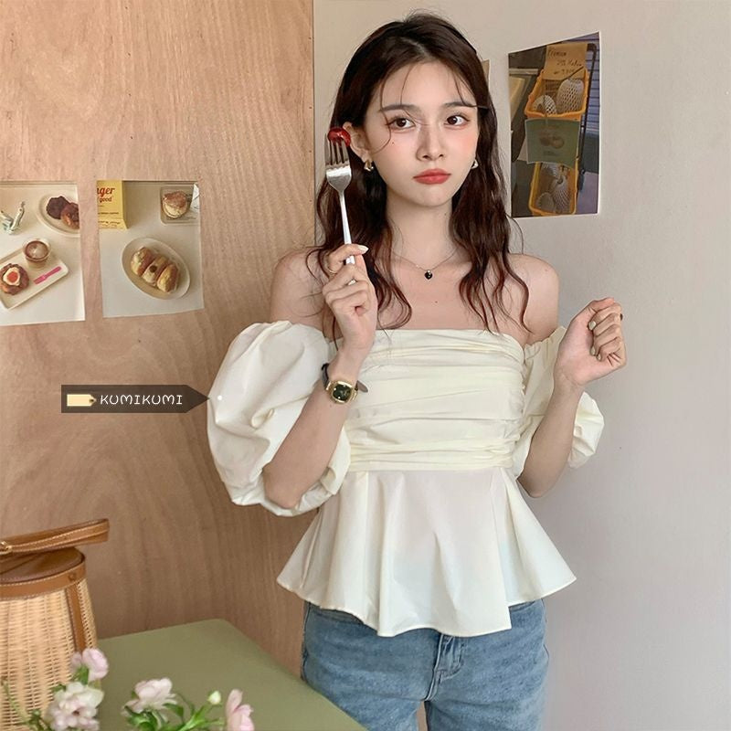 Sexy Off-Shoulder Puff Sleeve Tube Top Shirt Women - Korean Style Ruffle Trim Solid Color Blouse
