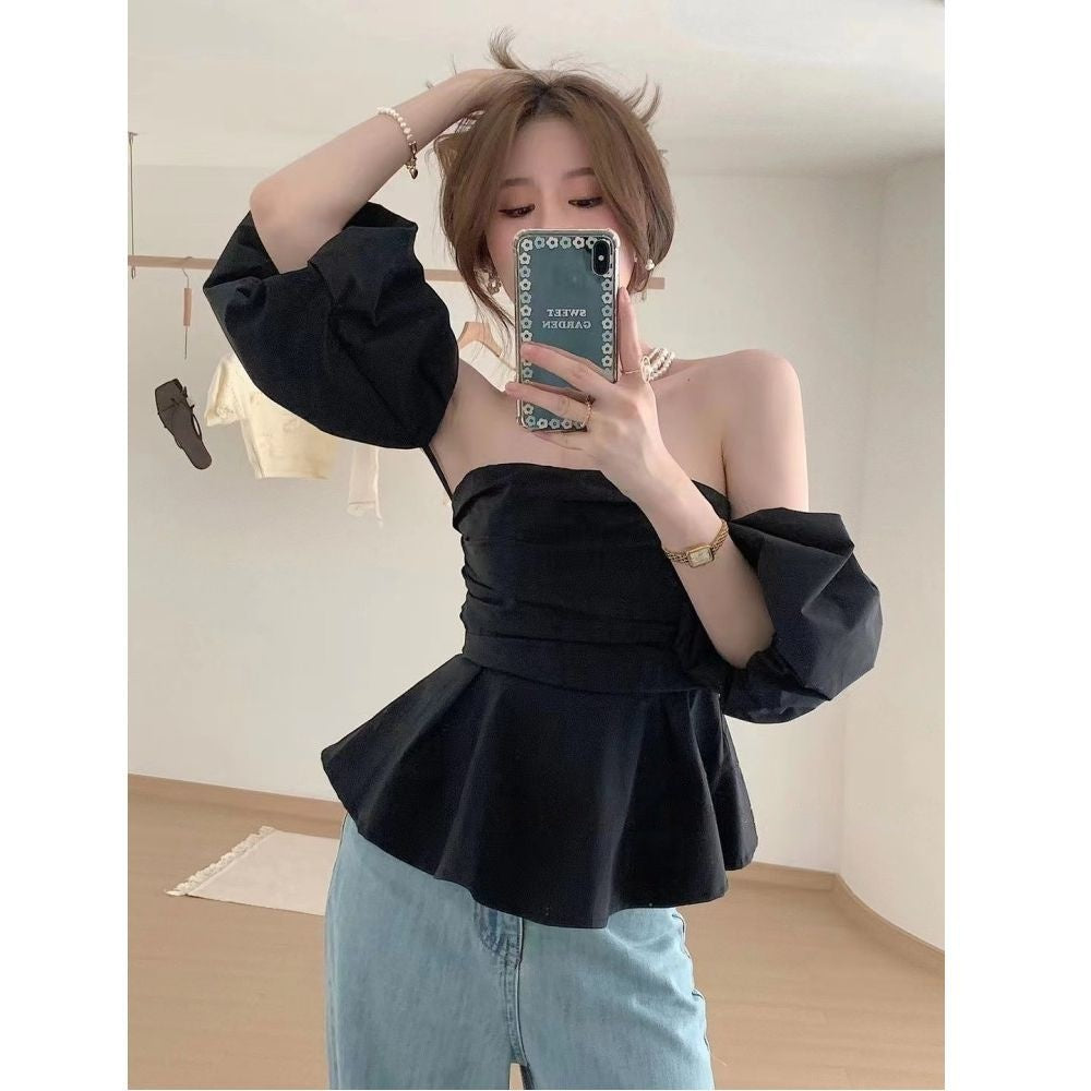 Sexy Off-Shoulder Puff Sleeve Tube Top Shirt Women - Korean Style Ruffle Trim Solid Color Blouse