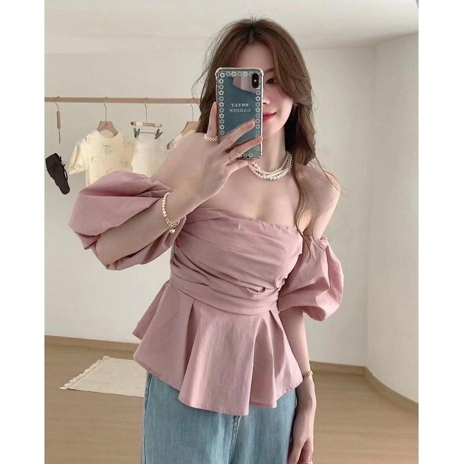 Sexy Off-Shoulder Puff Sleeve Tube Top Shirt Women - Korean Style Ruffle Trim Solid Color Blouse