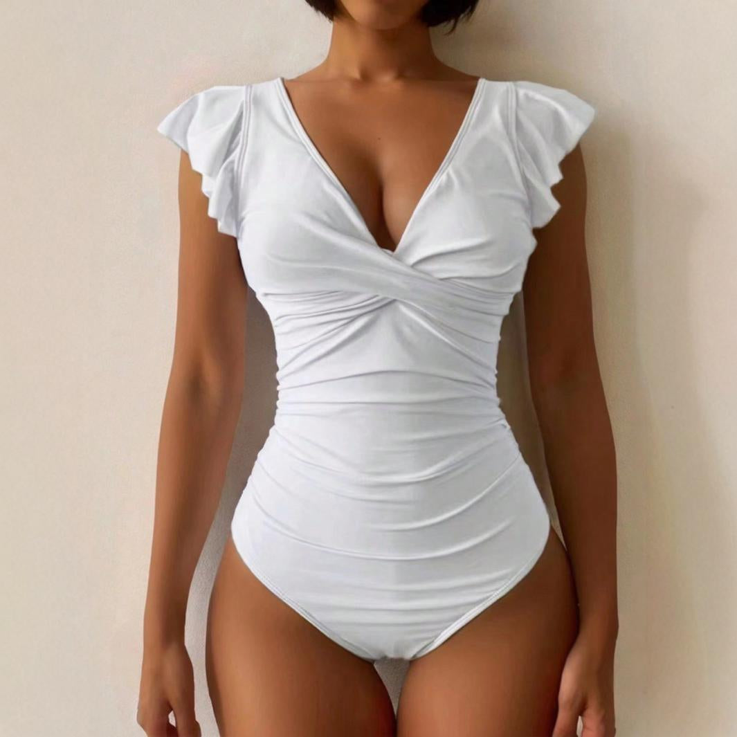Sexy Solid Color Backless One Piece Swimsuit Women - Slimming Tummy Control Monokini Bikini (Black/White)