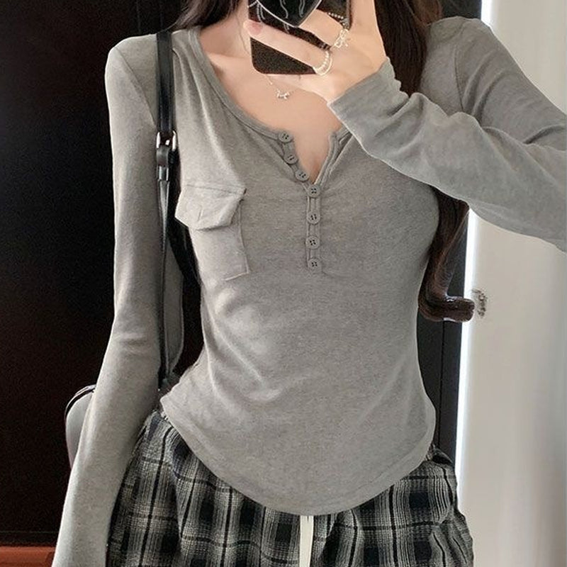 Slimming Long Sleeve Button Top Women - Cropped Solid Color Casual Shirt White Gray Black
