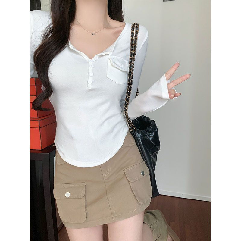 Slimming Long Sleeve Button Top Women - Cropped Solid Color Casual Shirt White Gray Black