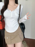 Slimming Long Sleeve Button Top Women - Cropped Solid Color Casual Shirt White Gray Black