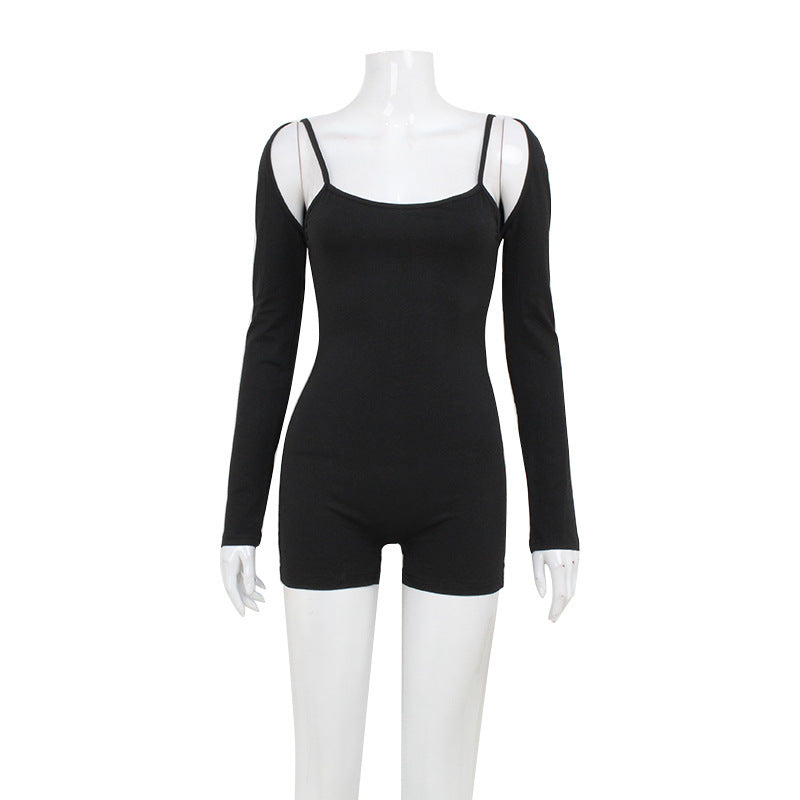 Solid Color Slim-Fit Athleisure Jumpsuit Set Women - Long Sleeve with Shoulder Piece
