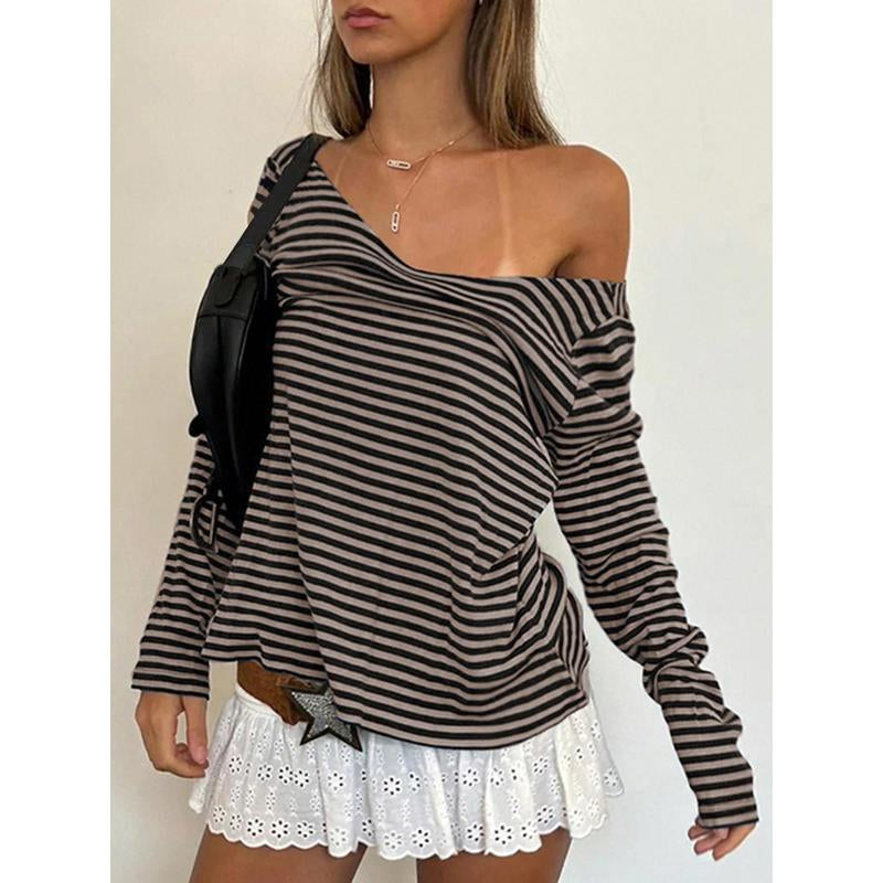 Striped Classic Collar Long Sleeve Top Women - Fleece Lined Slim Fit Casual Shirt