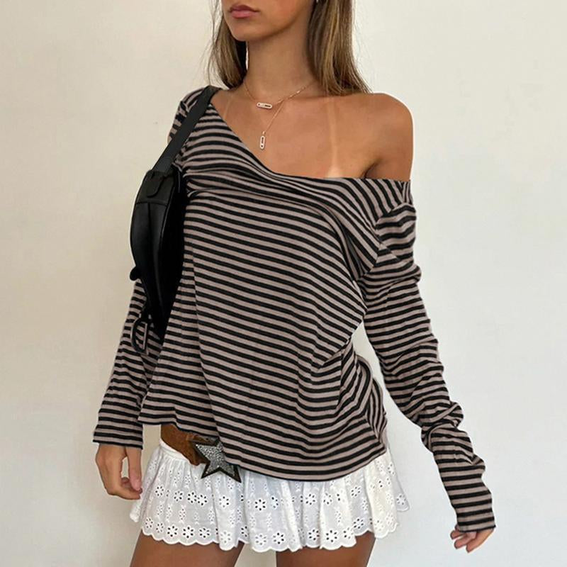 Striped Classic Collar Long Sleeve Top Women - Fleece Lined Slim Fit Casual Shirt