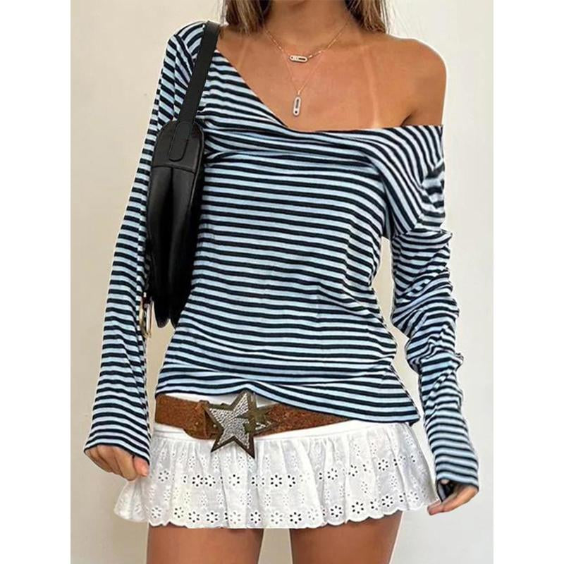 Striped Classic Collar Long Sleeve Top Women - Fleece Lined Slim Fit Casual Shirt