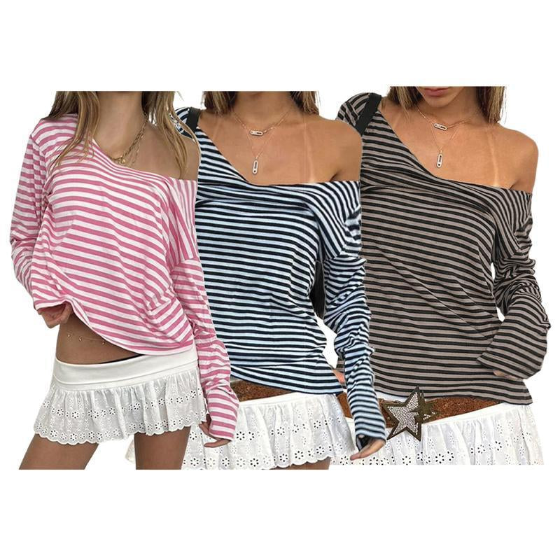 Striped Classic Collar Long Sleeve Top Women - Fleece Lined Slim Fit Casual Shirt