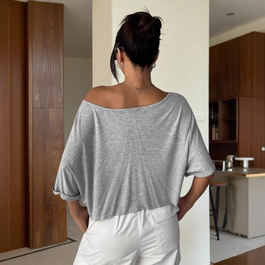 Unisex Oversized Off-Shoulder Tee – Streetwear Solid Color Short Sleeve Shirt (Light Gray/White/Black)