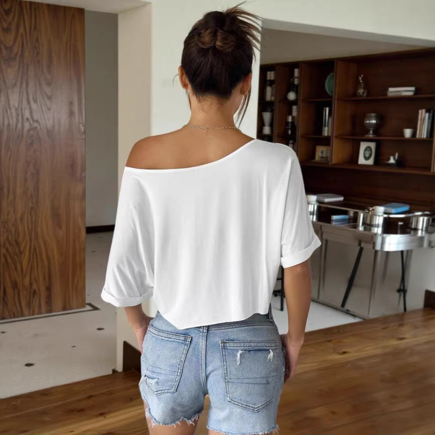 Unisex Oversized Off-Shoulder Tee – Streetwear Solid Color Short Sleeve Shirt (Light Gray/White/Black)