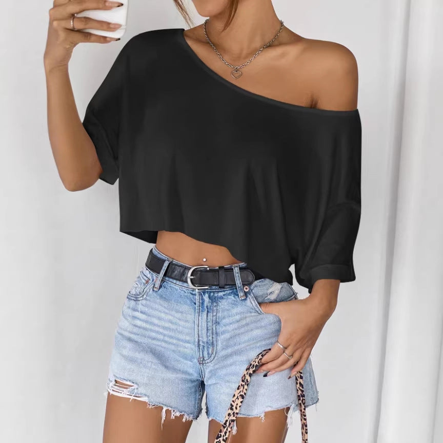 Unisex Oversized Off-Shoulder Tee – Streetwear Solid Color Short Sleeve Shirt (Light Gray/White/Black)