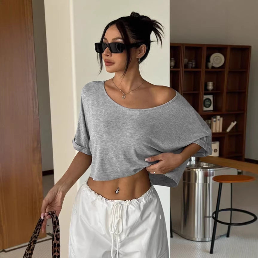 Unisex Oversized Off-Shoulder Tee – Streetwear Solid Color Short Sleeve Shirt (Light Gray/White/Black)