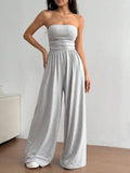 Women High Waisted Wide Leg Pants with Tube Top - Casual Versatile Elegant Commuter Set Solid Color